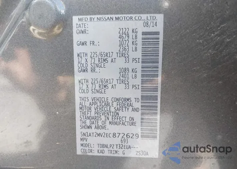 2014 Nissan Rogue S из США, поврежденный, VIN 5N1AT2MV2EC872629